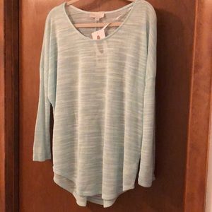 OLIVE & OAK BEAUTIFUL ACQUA/ WHITE MARLED LONG SLEEVE TOP NWT L LIGHTWEIGHT